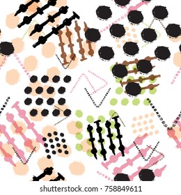 Abstract grunge seamless pattern with dots, lines, brush strokes, design element. Organic texture. Can be used for invitations, greeting cards, scrapbooking, print, gift wrap, manufacturing