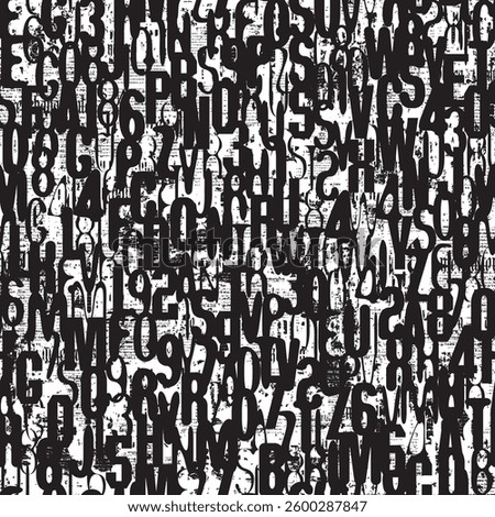 Abstract grunge seamless pattern of English letters and numbers. Shabby collage of newspaper clippings. Background with capital Latin letters in grunge style. Suitable for wallpaper, wrapping paper