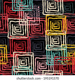 Abstract grunge seamless pattern. Ethnic distressed geometric background. Folk rainbow ornament. Tribal art. Square shape, stripes. Line art. Graffiti. Endless print texture. Wallpaper - vector 