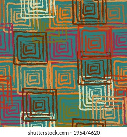 Abstrato grunge padrão sem emenda. Fundo geométrico angustiado étnico. Ornamento de arco-íris popular. Arte tribal. Forma quadrada, listras. Arte em linha. Grafite. Textura sem fim - vetor 
