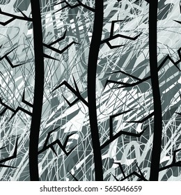 Abstract grunge seamless pattern made of hand drawn trees.