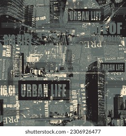 Abstract grunge seamless pattern with newspaper or magazine and urban landscapes. Modern building. Chaotic vector background on city life in retro style. Wallpaper, wrapping paper, fabric design