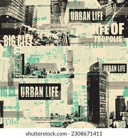 Abstract grunge seamless pattern with newspaper or magazine and urban landscapes. Modern building. Chaotic vector background on city life in retro style. Wallpaper, wrapping paper, fabric design