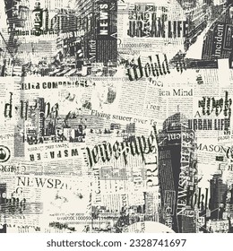 Abstract grunge seamless pattern with newspaper or magazine and urban landscapes. Modern building. Chaotic vector background on city life in retro style. Wallpaper, wrapping paper, fabric design