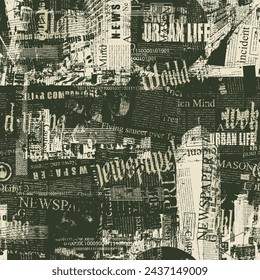 Abstract grunge seamless pattern with newspaper or magazine and urban landscapes. Modern building. Chaotic vector background on city life in retro style. Wallpaper, wrapping paper, fabric design