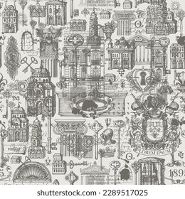Abstract grunge Seamless pattern on ancient architecture and art. Hand-drawn vector background with vintage buildings, architectural elements, coat of arms and old keys. Wallpaper, fabric