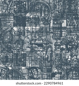 Abstract grunge Seamless pattern on ancient architecture and art. Hand-drawn vector background with vintage buildings, architectural elements, coat of arms and old keys. Wallpaper, fabric