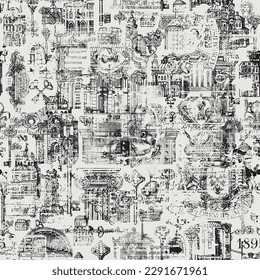 Abstract grunge Seamless pattern on ancient architecture and art. Hand-drawn vector background with vintage buildings, architectural elements, coat of arms and old keys. Wallpaper, fabric