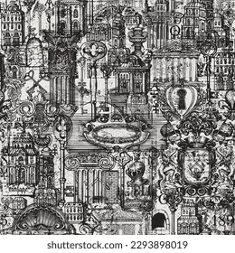 Abstract grunge Seamless pattern on ancient architecture and art. Hand-drawn vector background with vintage buildings, architectural elements, coat of arms and old keys. Wallpaper, fabric