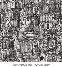 Resumen grunge Patrón de Seamless sobre la arquitectura y el arte antiguos. Fondo vector dibujado a mano con edificios vintage, elementos arquitectónicos, escudo de armas y llaves antiguas. Papel de escritorio, tela