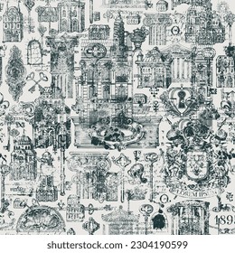 Abstract grunge Seamless pattern on ancient architecture and art. Hand-drawn vector background with vintage buildings, architectural elements, coat of arms and old keys. Wallpaper, fabric