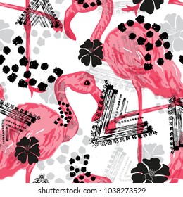 Abstract grunge  seamless pattern with pink flamingo birds, design element. Organic texture. Can be used for invitations, greeting cards, scrapbooking, print, gift wrap, manufacturing