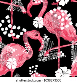 Abstract grunge seamless pattern with pink flamingo birds, design element. Organic texture. Can be used for invitations, greeting cards, scrapbooking, print, gift wrap, manufacturing