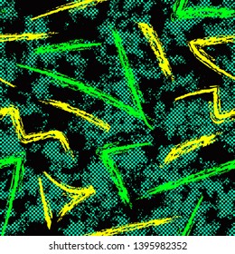 Abstract grunge seamless pattern. Urban art texture with neon lines, splashes, chaotic brush strokes. Colorful graffiti style vector background. Trendy design in bright colors, green, yellow, black