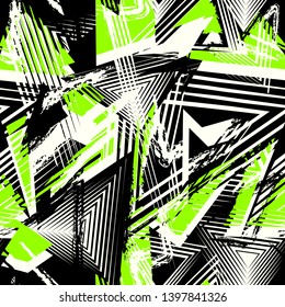 Abstract grunge seamless pattern. Urban art texture with neon lines, triangles, chaotic brush strokes. Colorful graffiti style vector background. Trendy design in black, white and bright green color