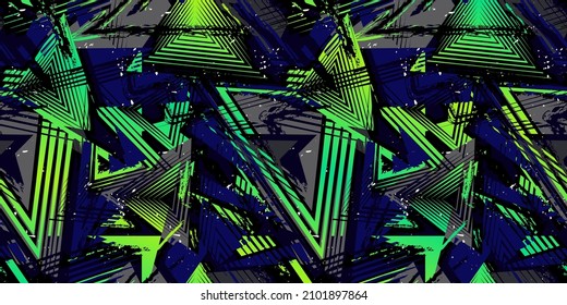 Abstract grunge seamless pattern. Urban art texture with neon lines, triangles, chaotic brush strokes, splatter. Colorful graffiti style vector background. Trendy design in black, green, blue color