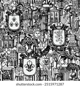 Abstract grunge Seamless pattern Wallpaper on ancient architecture and art. Hand-drawn vector background with vintage buildings, architectural elements, medieval knightly coats of arms and old keys. 