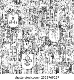 Abstract grunge Seamless pattern Wallpaper on ancient architecture and art. Hand-drawn vector background with vintage buildings, architectural elements, medieval knightly coats of arms and old keys. 