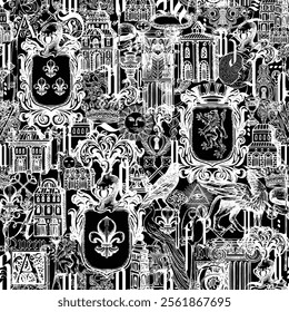 Abstract grunge Seamless pattern Wallpaper on ancient architecture and art. Hand-drawn vector background with vintage buildings, architectural elements, medieval knightly coats of arms and old keys. 