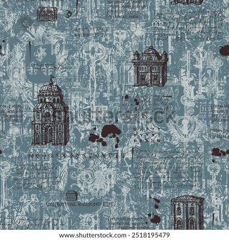 Abstract grunge Seamless pattern Wallpaper on ancient architecture and art. Hand-drawn vector background with vintage buildings, architectural elements, medieval knightly coats of arms and old keys. 