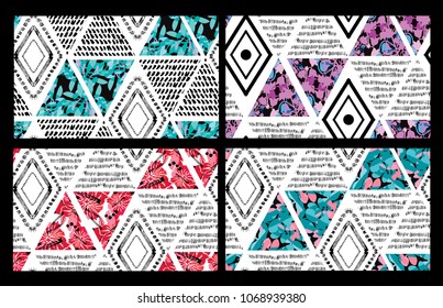 Abstract grunge seamless patterns set with dots, lines, brush strokes, leaves,design element.Organic texture. Can be used for invitations, greeting cards, scrapbooking, print, gift wrap, manufacturing