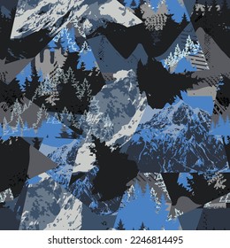 Abstract grunge seamless vector pattern with mountains and forests.  Hand-drawn print for textiles, sportswear, wrapping paper and more