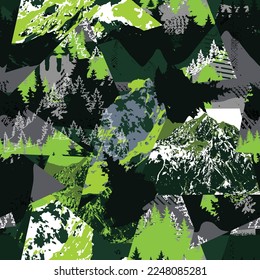 Abstract grunge seamless vector pattern with mountains and forests.  Hand-drawn print for textiles, sportswear, wrapping paper and more