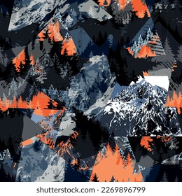 Abstract grunge seamless vector pattern with mountains and forests.  Hand-drawn print for textiles, sportswear, wrapping paper and more