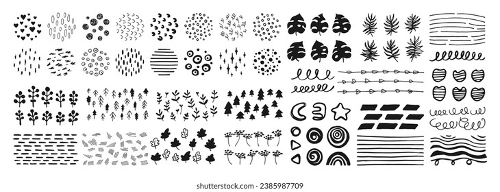 Abstract grunge shapes and doodle objects paint set. Hand drawn ink brush scribble curve graphic patterns. Trendy marker scribbles, curved sketch lines texture. Ornament isolated vector illustration