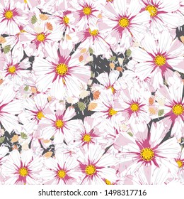 Abstract grunge shapes and flowers wild chamomile seamless pattern. Daisy flower vector background. 