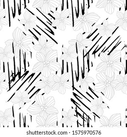 Abstract grunge shapes and flowers wild chamomile seamless pattern. Daisy flower vector background. 
