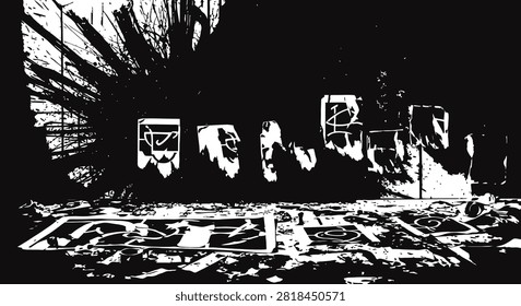 Abstract grunge silhouette illustration featuring torn posters scattered across darkened industrial urban ground floor setting