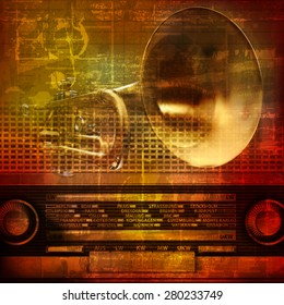 abstract grunge sound background with trumpet and retro radio