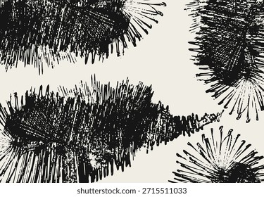 Patrón de Vector de textura puntiaguda grunge Abstractas. Trazos de pincel de tinta negra sobre fondo claro. Arte abstracto de estilo sucio en blanco y negro. Manchas de tinta desordenadas y arañazos.