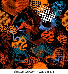 Abstract grunge sport pattern children for girls and boys. Creative vector sport pattern with dots, hearts, lines, stars. Funny wallpaper for textile and fabric. Fashion sport style.