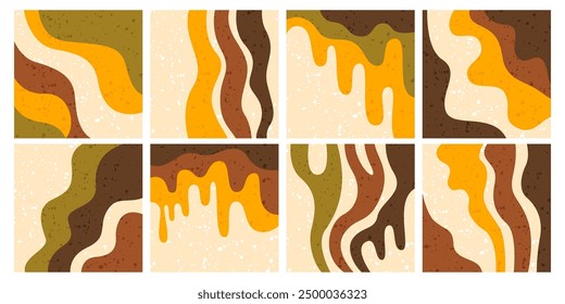 Abstract grunge square backgrounds set with modern wavy curve flow of paint liquid artwork ornaments. Vibrant cover with elegance dynamic pattern and creative surface texture vector illustration