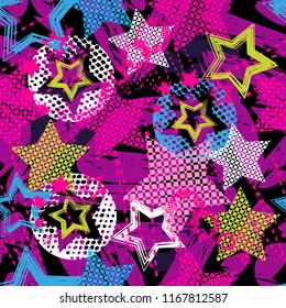 Abstract grunge star pattern children for girls and boys. Creative sport pattern with dots, hearts, lines, stars. Funny wallpaper for textile and fabric. Fashion star style. Colorful sport bright.
