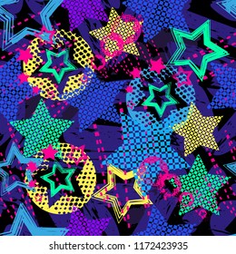 Abstract grunge star pattern children for girls and boys. Creative sport pattern with dots, hearts, lines, stars. Funny wallpaper for textile and fabric. Fashion star style. Colorful sport bright.