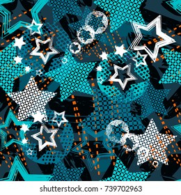 Abstract grunge star pattern children for girls and boys. Creative the background with dots, hearts, lines, stars.Funny wallpaper for textile and fabric. Fashion star style. Colorful bright.