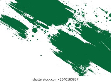 Abstract grunge style green paint brush strokes and splatters on white background for modern design