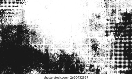 abstract grunge texture with black and white halftone dots and glitch effects suitable for design work