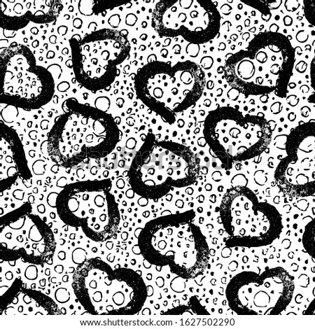 Abstract grunge texture for design romantic prints. Seamless pattern with hearts brush strokes. Stylish hand drawn hearts. Brush grunge monochrome background. Drawings black, white backdrop. Vector