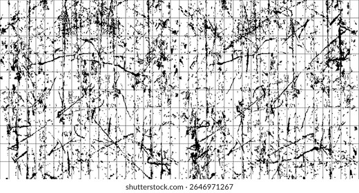 Textura grunge abstrato, padrão de linhas angustiadas, fundo angustiado quadriculado, superfície antiga, suja, ilustração de vetor preto e branco.
