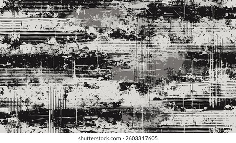 Abstract grunge texture with distressed patterns and industrial aesthetics in black and white.