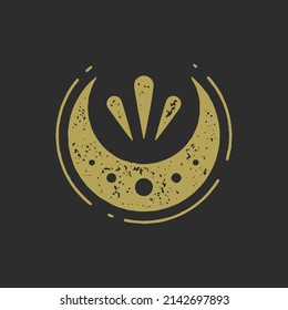 Abstract grunge texture esoteric logotype with half moon and flower blossom decorative design vector illustration. Minimalist hand drawn floral emblem symbol mindfulness, nature, balance and harmony