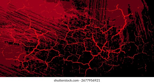 Textura grunge abstrata com rachaduras vermelhas brilhantes em um fundo preto. Dramático, poderoso e energético. Perfeito para pôsteres, fundos e arte digital.
