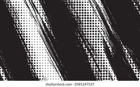 Abstract Grunge Texture with Halftone Dots and Brush Strokes in Black and White, Creating a Dynamic and Modern Background