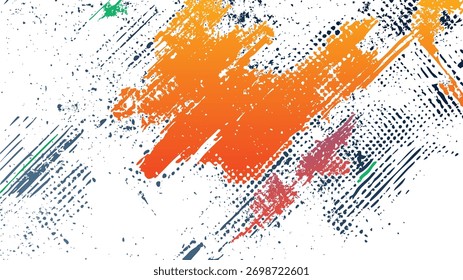 Textura Abstractas del grunge con las salpicaduras azules anaranjadas y rojas de la pintura y las líneas angustiadas en el fondo blanco