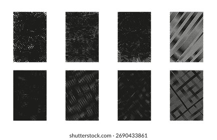 Abstractas conjunto de textura grunge con pinceladas, arañazos, manchas y líneas de escotilla. Ilustración de textura de Antiguas en blanco y negro, patrón dibujado a mano para fondo, póster, Anuncio y Diseño gráfico