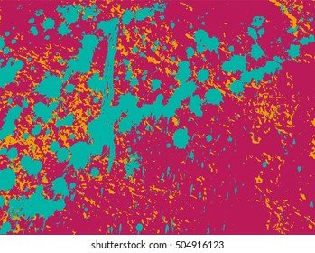 Abstract grunge texture with splashes of blue and orange paint on pink background, vector  illustration